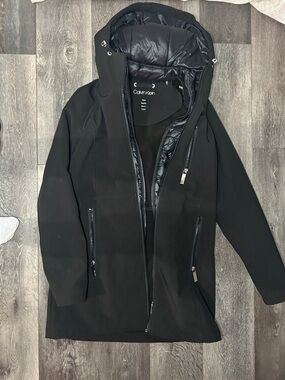 Calvin Klein Black Hooded Quilted-Trim Puffer Coat